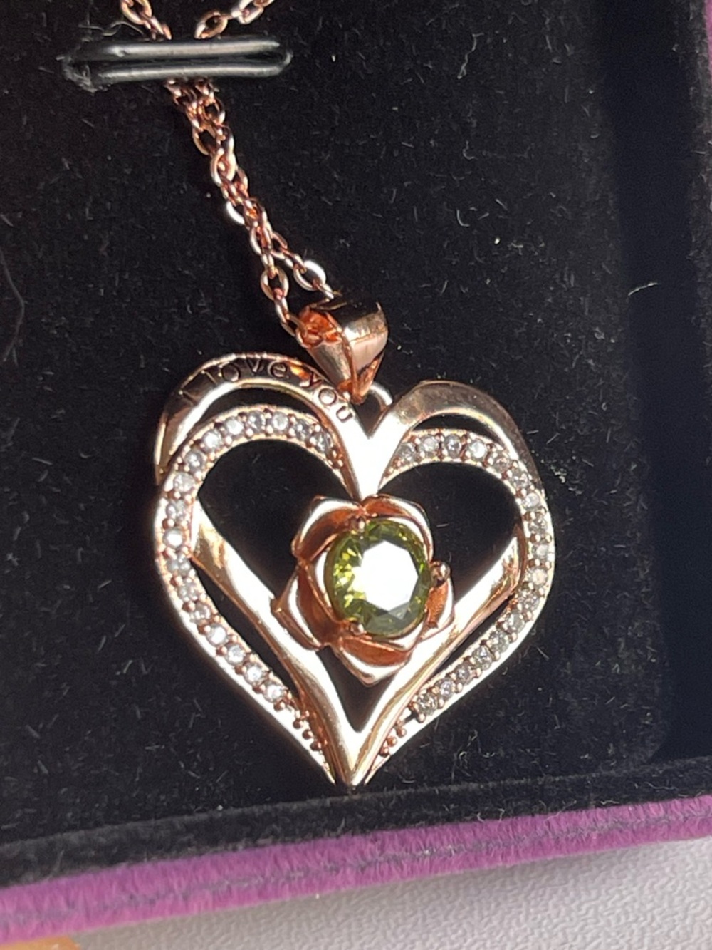 Heart and Rose Pendant Necklace with Peridot Gem - Gold over 925